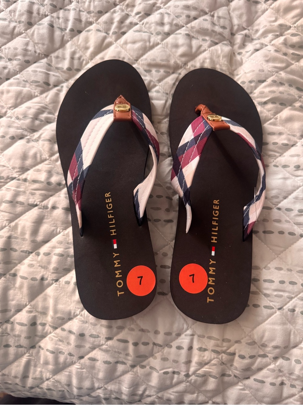 Tommy Hilfiger Navy Flip Flops with Red & White Plaid Straps